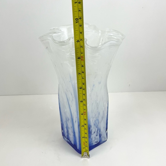 Handkerchief Vase White And Cobalt Blue Splatter Art Glass 9.25” Vase - Picture 7 of 15
